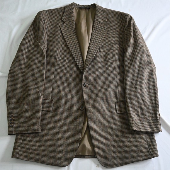 Jos A Bank 46L Brown Houndstooth‎ Check Flannel Wool Blazer Sport Coat Jacket